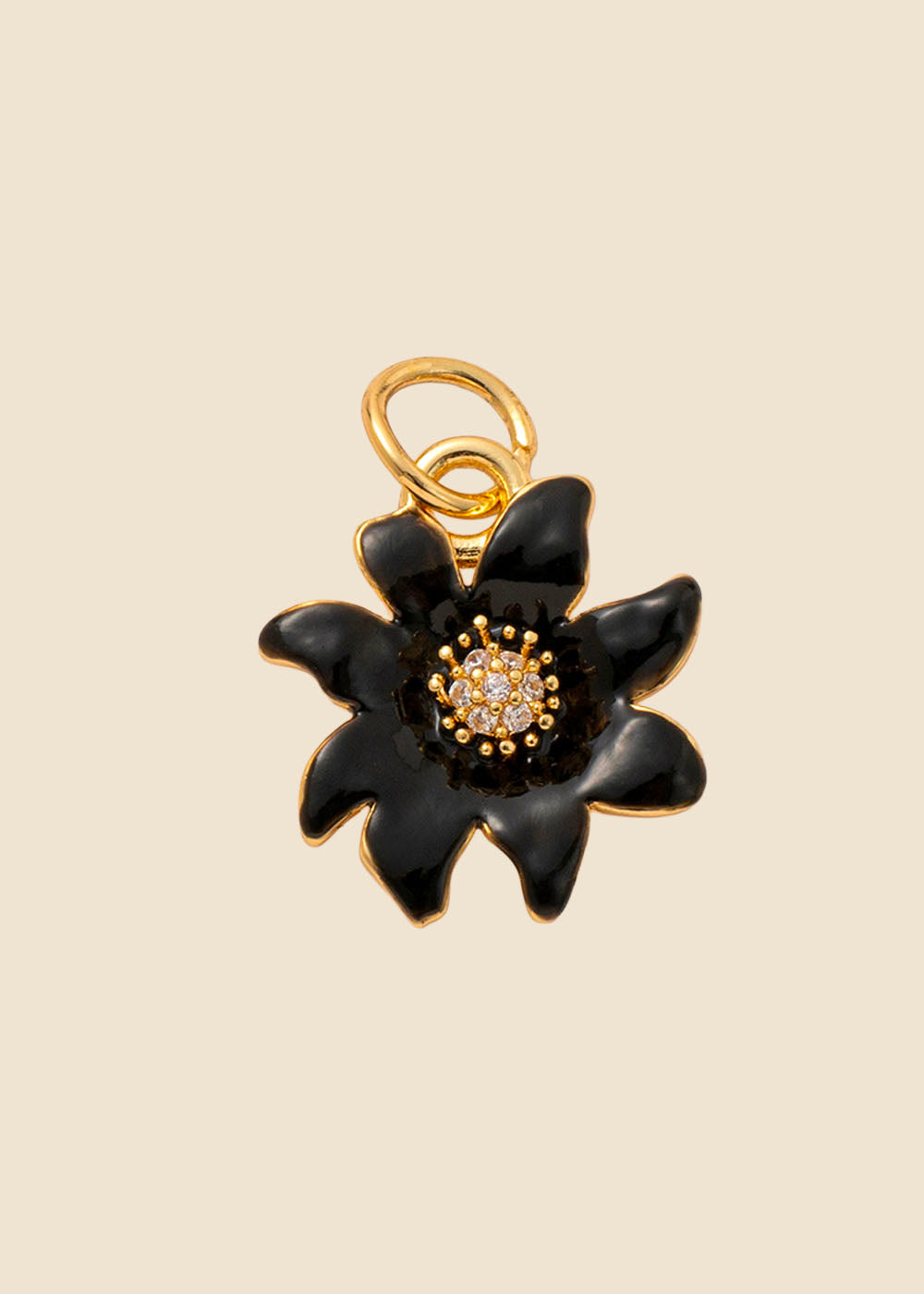 Black Flower Charm – Enamel & Crystal Centre