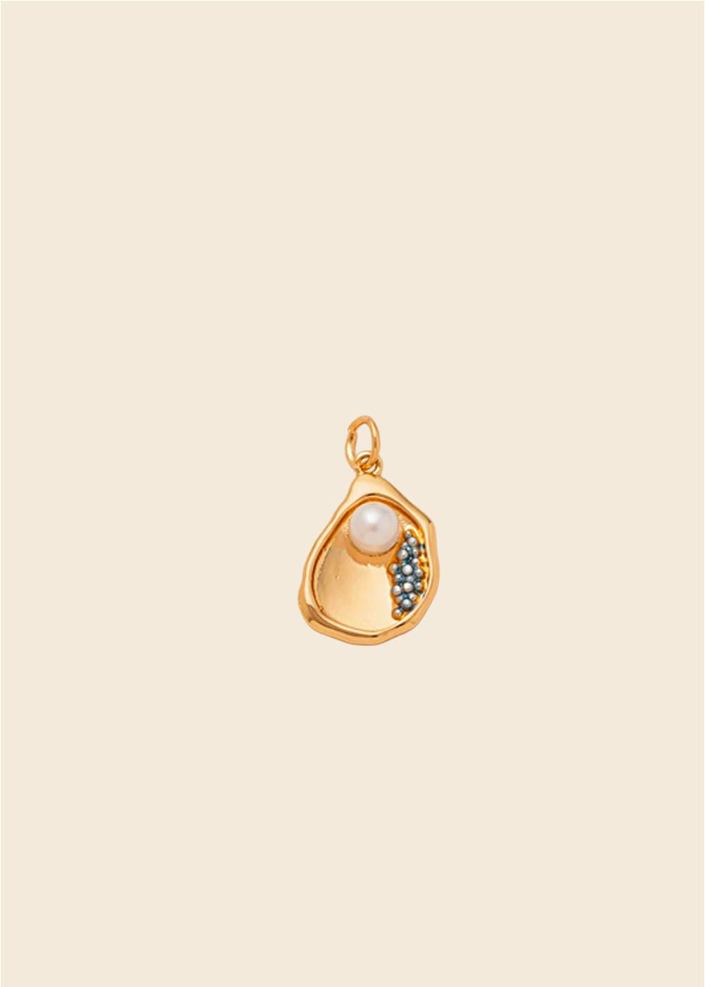 Oyster Pearl Charm – Gold Shell & Blue Crystal