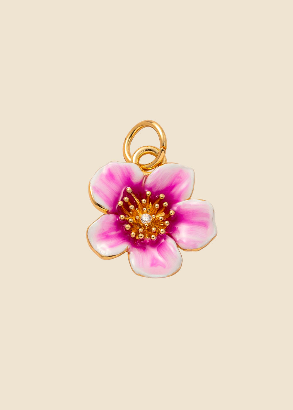 Cherry Blossom Charm – Pink Enamel, Gold Stamen & Crystal