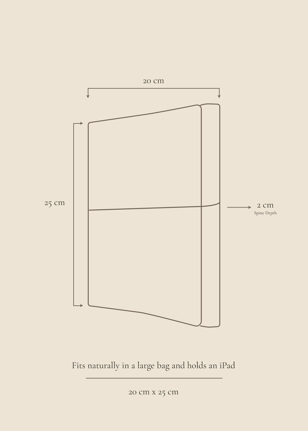 Oxford Large leather journal size guide showing 20 cm by 25 cm dimensions